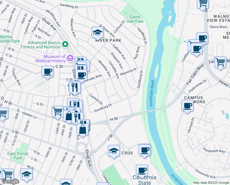 map of restaurants, bars, coffee shops, grocery stores, and more near 5738 Monalee Avenue in Sacramento