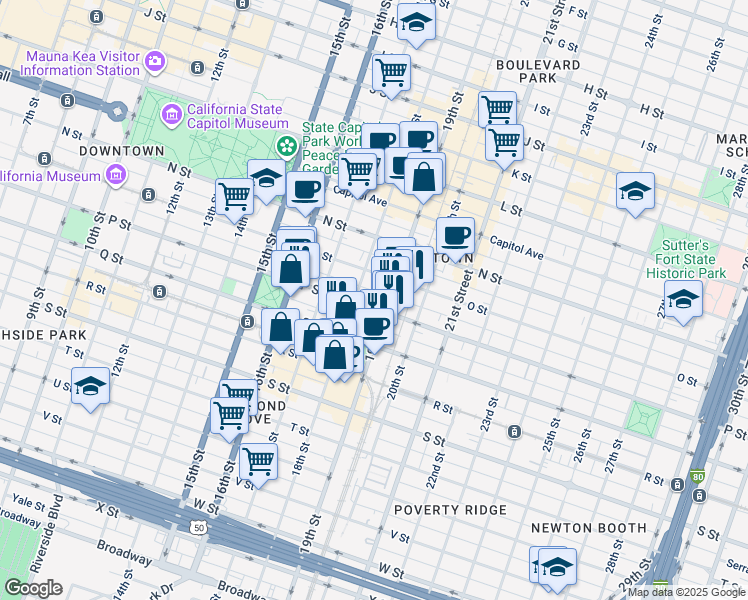 map of restaurants, bars, coffee shops, grocery stores, and more near 1801 P Street in Sacramento