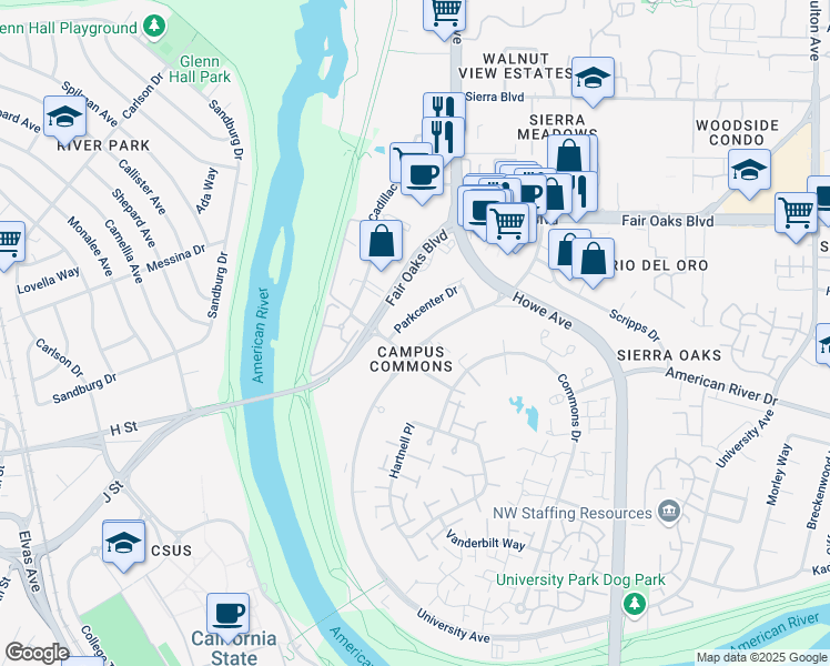 map of restaurants, bars, coffee shops, grocery stores, and more near 9 Park Center Dr in Sacramento