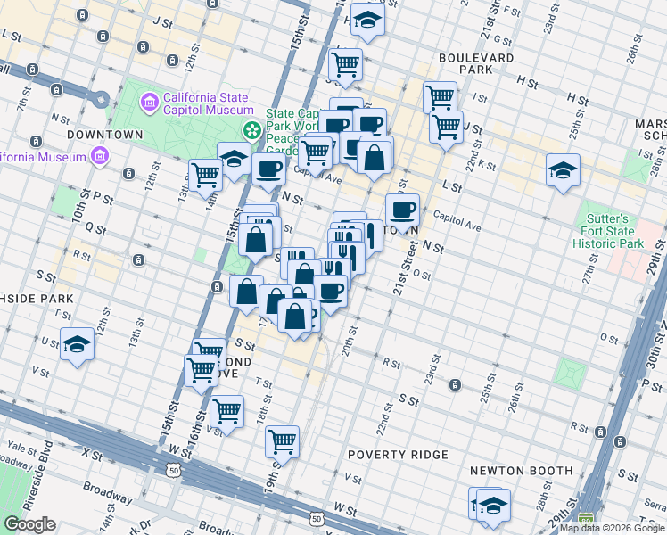 map of restaurants, bars, coffee shops, grocery stores, and more near 1801 P Street in Sacramento