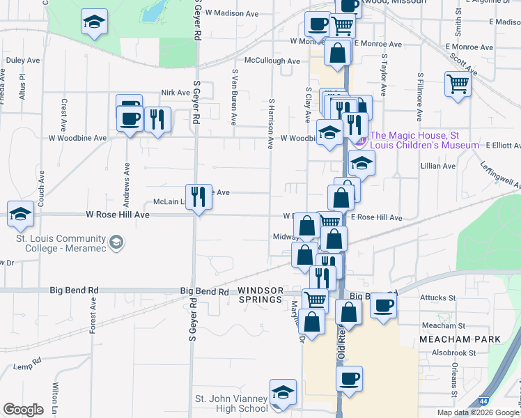 map of restaurants, bars, coffee shops, grocery stores, and more near 327 West Rose Hill Avenue in Kirkwood