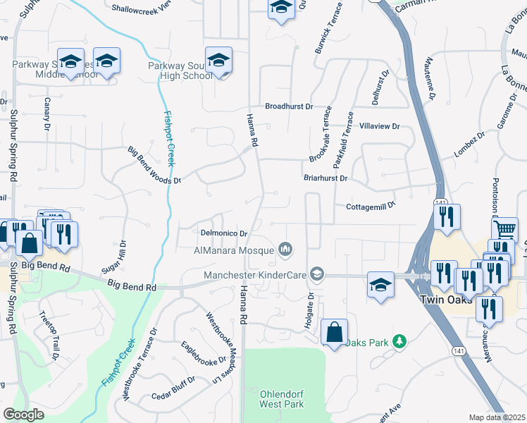 map of restaurants, bars, coffee shops, grocery stores, and more near 900 Hanna Valley Estates Drive in Ballwin