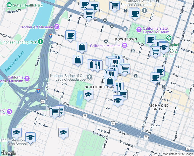 map of restaurants, bars, coffee shops, grocery stores, and more near 1901 8th Street in Sacramento