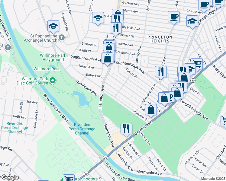 map of restaurants, bars, coffee shops, grocery stores, and more near 5407 Robert Avenue in St. Louis