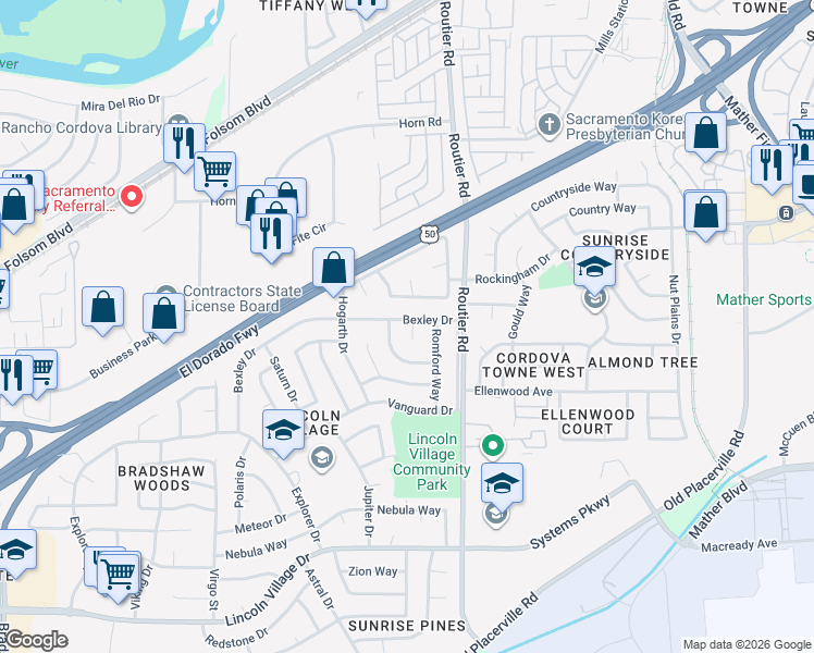 map of restaurants, bars, coffee shops, grocery stores, and more near 10010 Bexley Drive in Sacramento