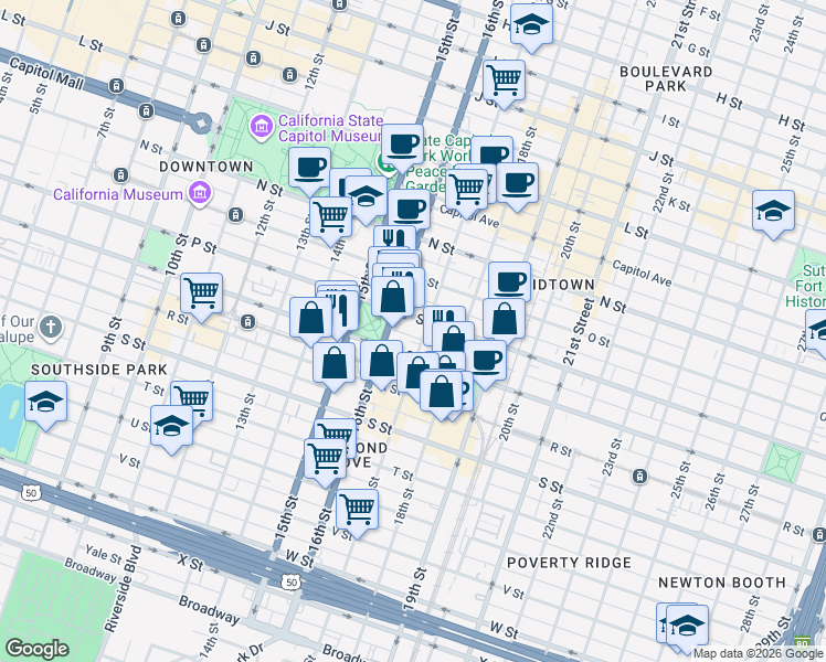 map of restaurants, bars, coffee shops, grocery stores, and more near 1622 P Street in Sacramento