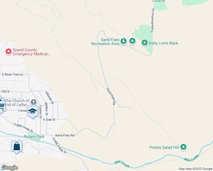 map of restaurants, bars, coffee shops, grocery stores, and more near Sand Flats Road in Moab