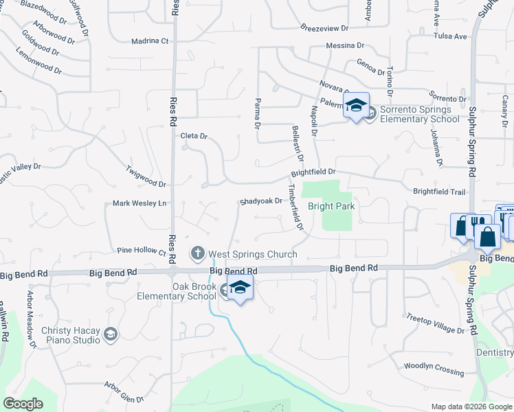 map of restaurants, bars, coffee shops, grocery stores, and more near 198 Shadyoak Drive in Ballwin