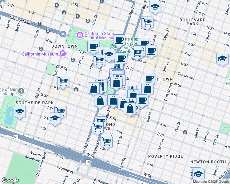 map of restaurants, bars, coffee shops, grocery stores, and more near 1627 16th Street in Sacramento