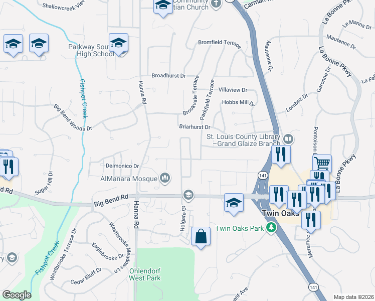 map of restaurants, bars, coffee shops, grocery stores, and more near 1107 Grenadier Lane in Ballwin