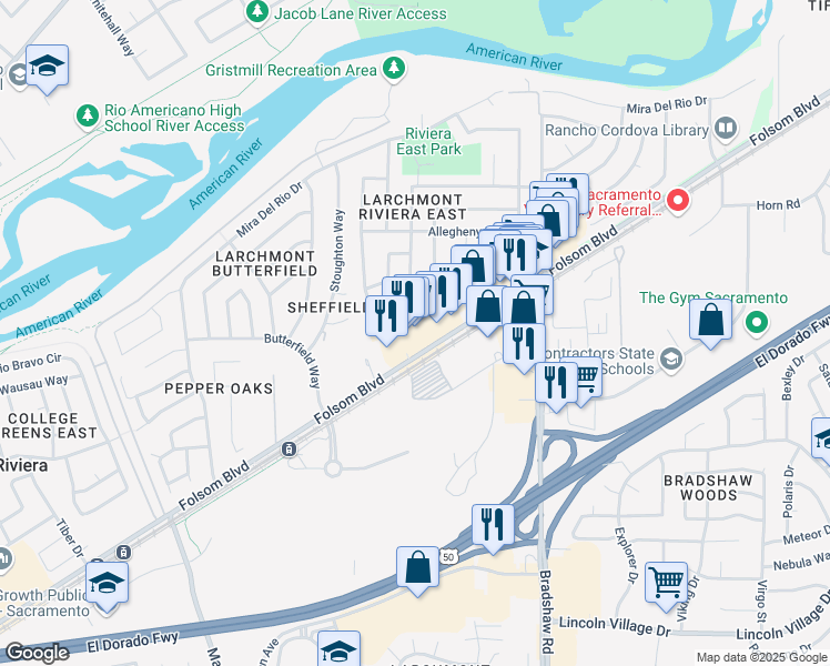 map of restaurants, bars, coffee shops, grocery stores, and more near 9531e Folsom Boulevard in Sacramento