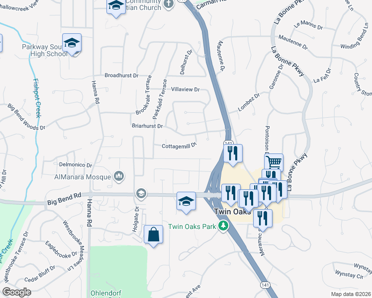 map of restaurants, bars, coffee shops, grocery stores, and more near 1262 Cottagemill Drive in Ballwin
