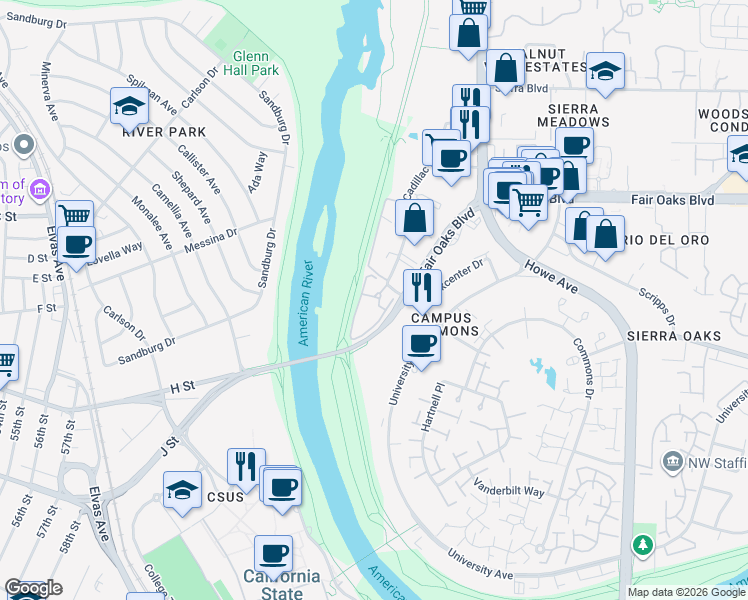 map of restaurants, bars, coffee shops, grocery stores, and more near 230 Cadillac Drive in Sacramento