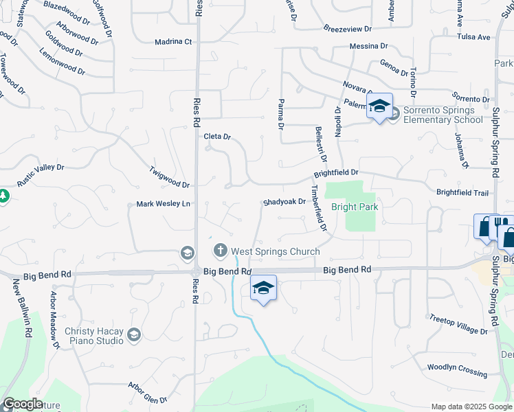 map of restaurants, bars, coffee shops, grocery stores, and more near 1105 Hollyberry Drive in Ballwin
