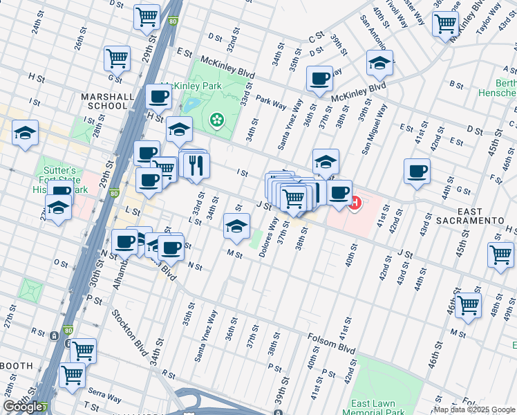 map of restaurants, bars, coffee shops, grocery stores, and more near 3504 J Street in Sacramento