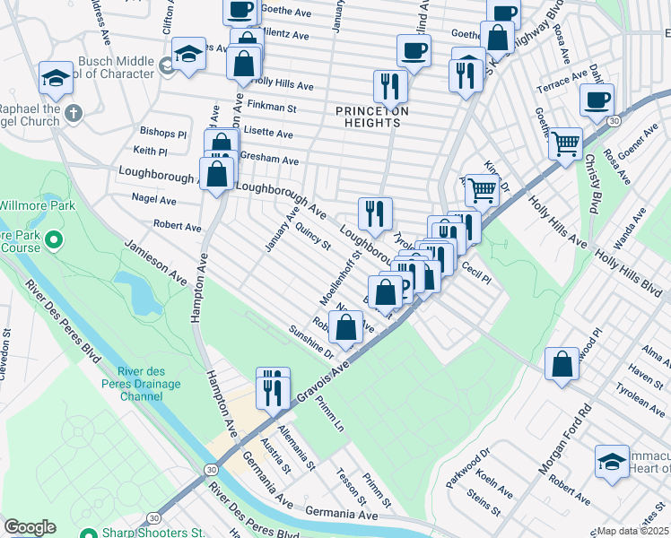 map of restaurants, bars, coffee shops, grocery stores, and more near 5211 Blow Street in St. Louis