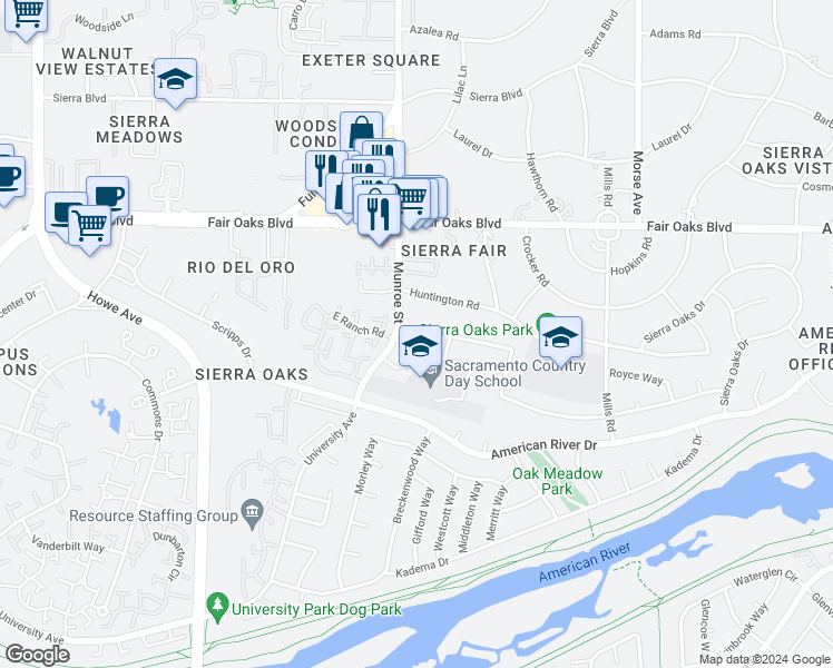 map of restaurants, bars, coffee shops, grocery stores, and more near 2609 Latham Drive in Sacramento