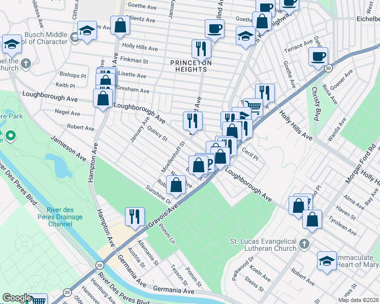 map of restaurants, bars, coffee shops, grocery stores, and more near 4981 Quincy Street in St. Louis