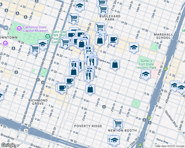 map of restaurants, bars, coffee shops, grocery stores, and more near 2107 O Street in Sacramento