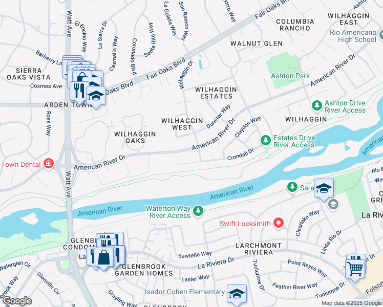 map of restaurants, bars, coffee shops, grocery stores, and more near 3880 American River Drive in Sacramento