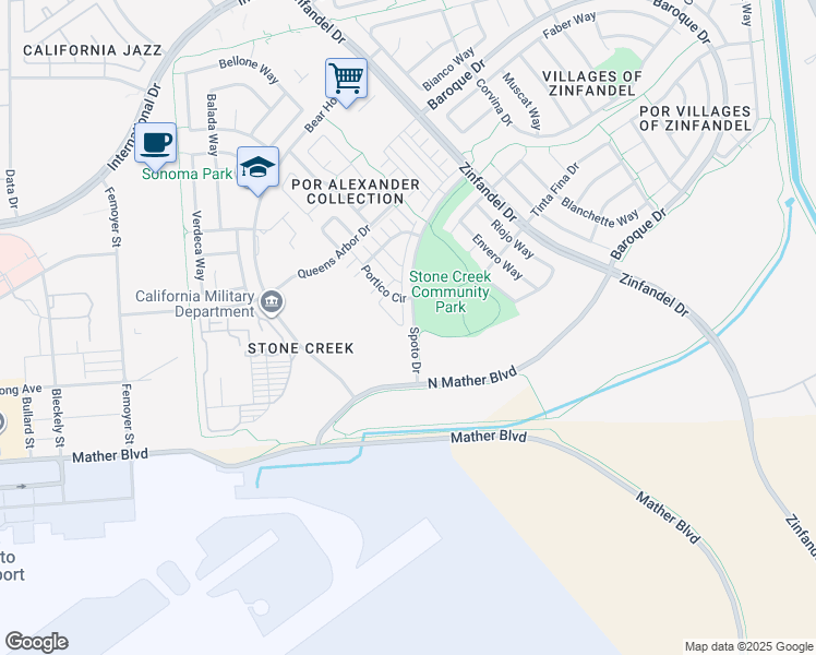 map of restaurants, bars, coffee shops, grocery stores, and more near 3664 Spoto Drive in Rancho Cordova