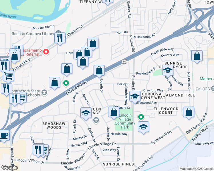 map of restaurants, bars, coffee shops, grocery stores, and more near 9984 Bexley Drive in Sacramento