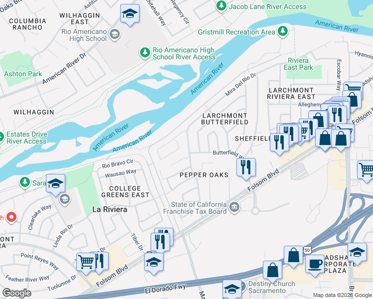 map of restaurants, bars, coffee shops, grocery stores, and more near 9388 Mira Del Rio Drive in Sacramento