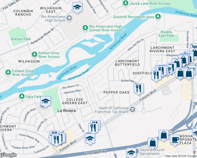 map of restaurants, bars, coffee shops, grocery stores, and more near 9266 Defiance Circle in Sacramento