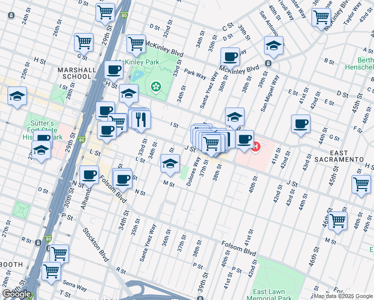 map of restaurants, bars, coffee shops, grocery stores, and more near 3504 J Street in Sacramento