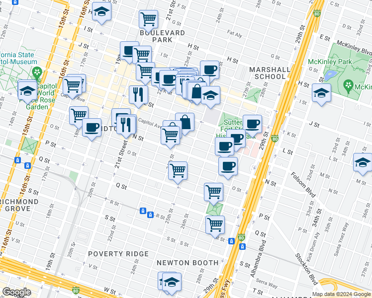 map of restaurants, bars, coffee shops, grocery stores, and more near 2405 N Street in Sacramento