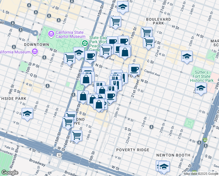 map of restaurants, bars, coffee shops, grocery stores, and more near 1801 P Street in Sacramento