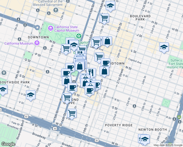 map of restaurants, bars, coffee shops, grocery stores, and more near 1705 P Street in Sacramento