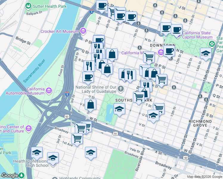 map of restaurants, bars, coffee shops, grocery stores, and more near 1921 6th Street in Sacramento