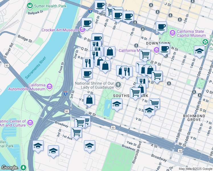 map of restaurants, bars, coffee shops, grocery stores, and more near 1921 6th Street in Sacramento