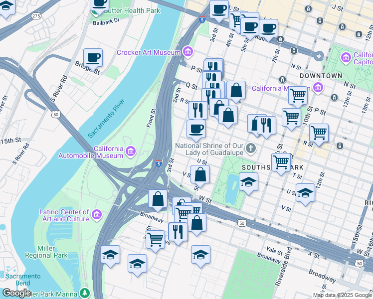 map of restaurants, bars, coffee shops, grocery stores, and more near 2021 3rd Street in Sacramento