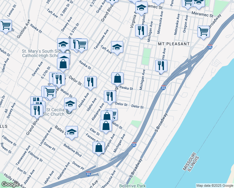 map of restaurants, bars, coffee shops, grocery stores, and more near in St. Louis