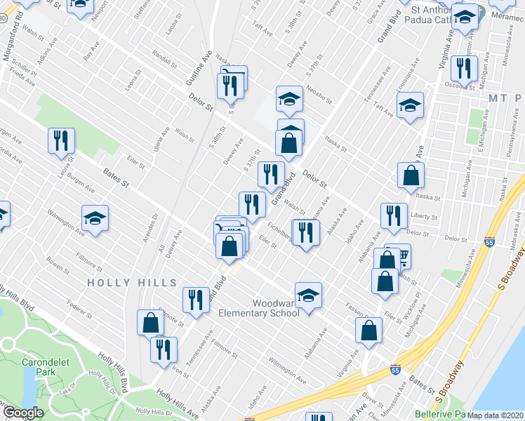 map of restaurants, bars, coffee shops, grocery stores, and more near 5240 Grace Avenue in St. Louis