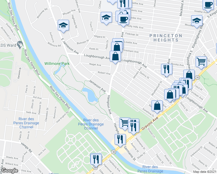 map of restaurants, bars, coffee shops, grocery stores, and more near 5821 Sunshine Drive in St. Louis