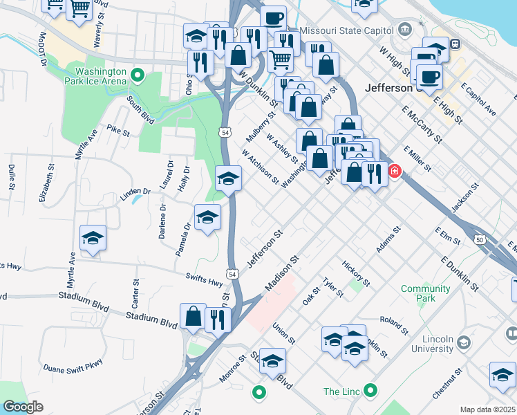 map of restaurants, bars, coffee shops, grocery stores, and more near 1000 Washington Street in Jefferson City