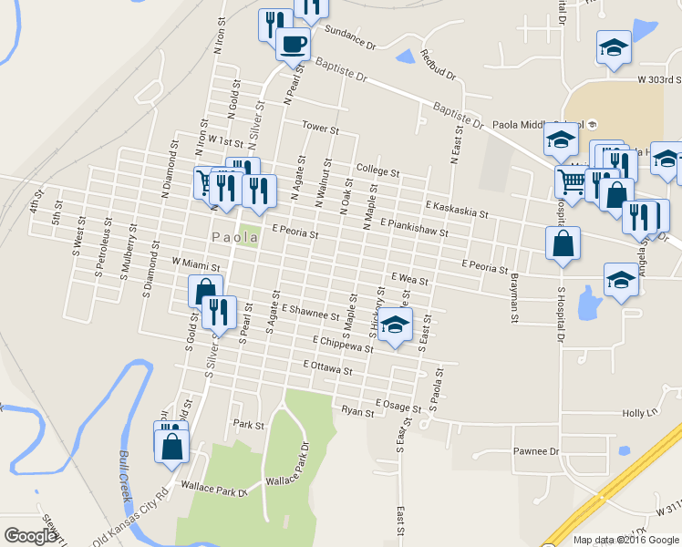map of restaurants, bars, coffee shops, grocery stores, and more near 309 East Wea Street in Paola