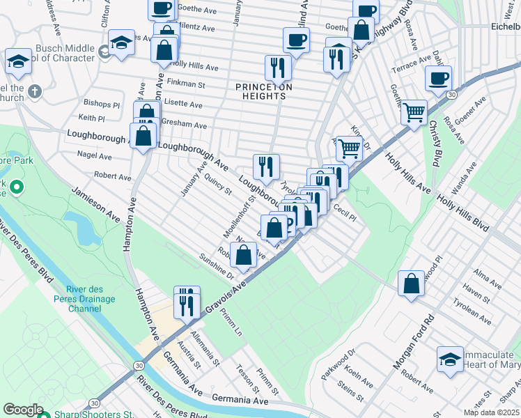 map of restaurants, bars, coffee shops, grocery stores, and more near 4981 Quincy Street in St. Louis
