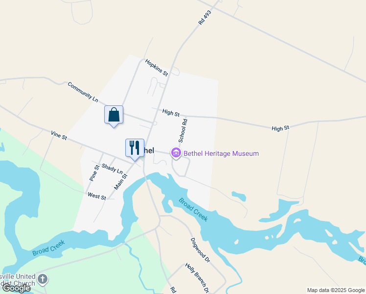 map of restaurants, bars, coffee shops, grocery stores, and more near 220 School Road in Bethel
