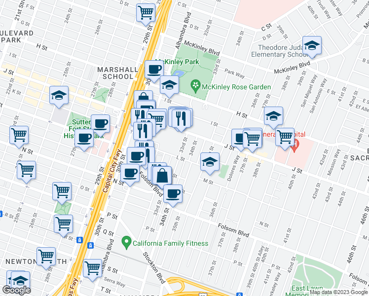 map of restaurants, bars, coffee shops, grocery stores, and more near 1103 33rd Street in Sacramento