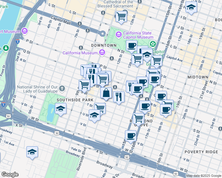 map of restaurants, bars, coffee shops, grocery stores, and more near 1213 R Street in Sacramento