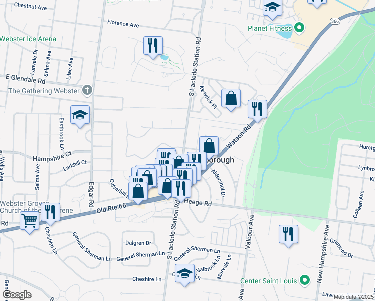 map of restaurants, bars, coffee shops, grocery stores, and more near 1200 South Laclede Station Road in St. Louis