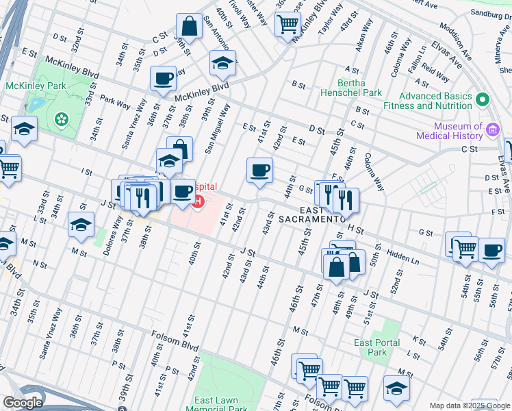 map of restaurants, bars, coffee shops, grocery stores, and more near 4220 H Street in Sacramento