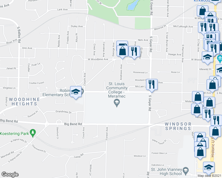 map of restaurants, bars, coffee shops, grocery stores, and more near 729 West Rose Hill Avenue in Kirkwood