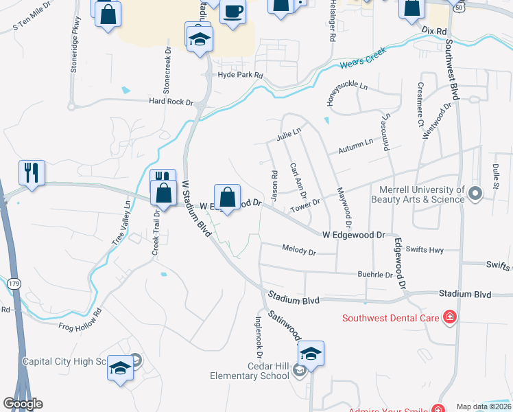 map of restaurants, bars, coffee shops, grocery stores, and more near 2301 West Edgewood Drive in Jefferson City