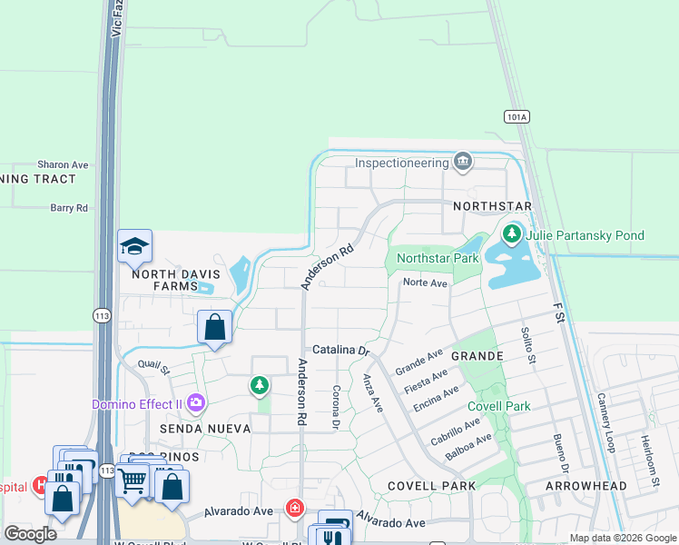 map of restaurants, bars, coffee shops, grocery stores, and more near 3109 Finch Street in Davis
