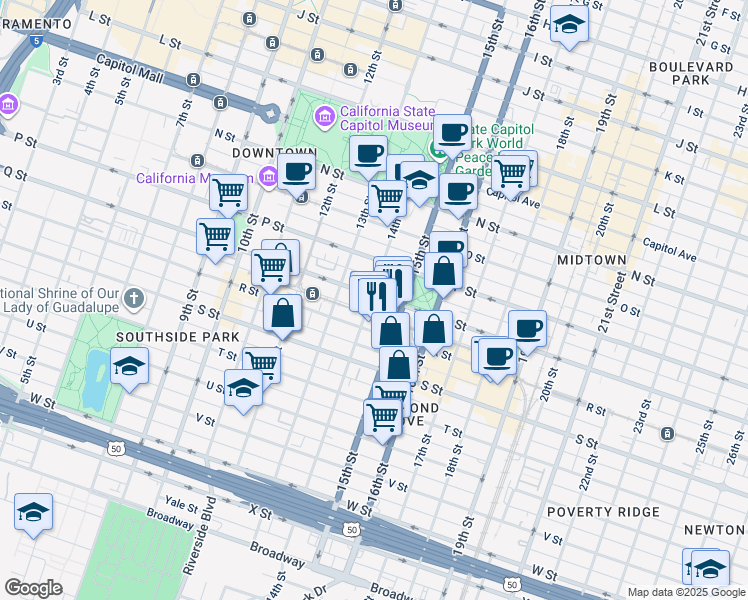 map of restaurants, bars, coffee shops, grocery stores, and more near 1701 14th Street in Sacramento